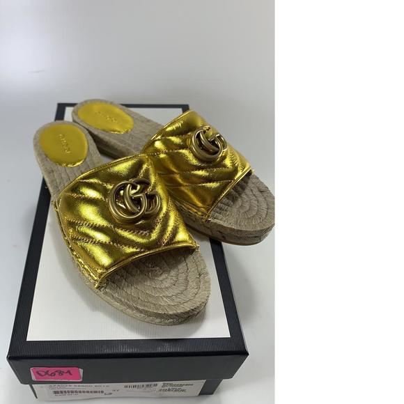 Gold Metallic GG logo Jute Classic Pool Slide Espadrilles D684 - Picture 2 of 12